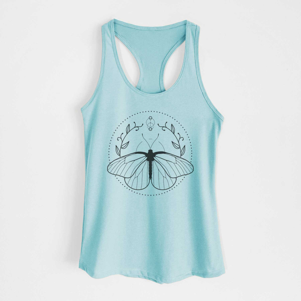 Cancun blue women's racerback tank top laid flat, printed with a black ink butterfly inside a circle, framed by moon phases and leaves.