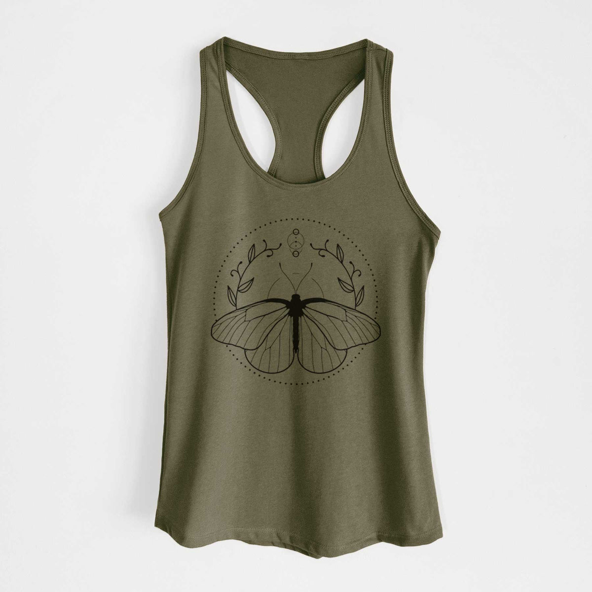 Military green women's racerback tank top laid flat, printed with a black ink butterfly inside a circle, framed by moon phases and leaves.