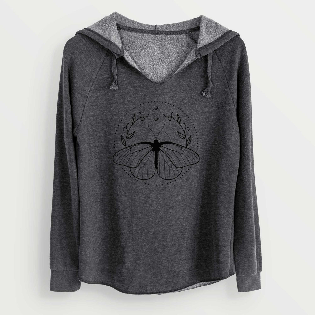 Charcoal grey women's Cali Wave hooded sweatshirt laid flat, printed with a black ink butterfly inside a circle, framed by moon phases and leaves.