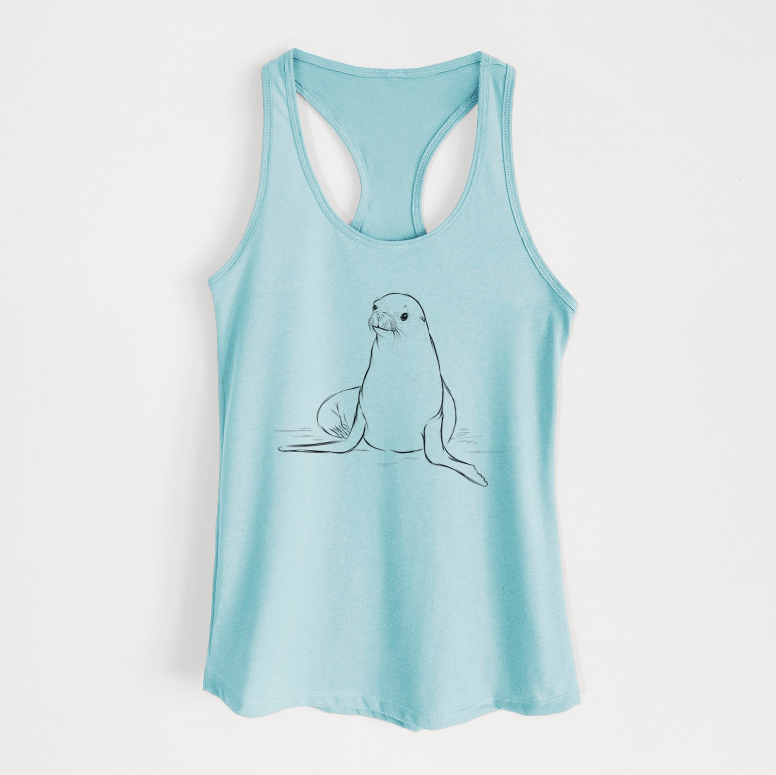 Banana cream women's racerback tank top laid flat, printed with a black ink illustration of a California sea lion sitting upright.