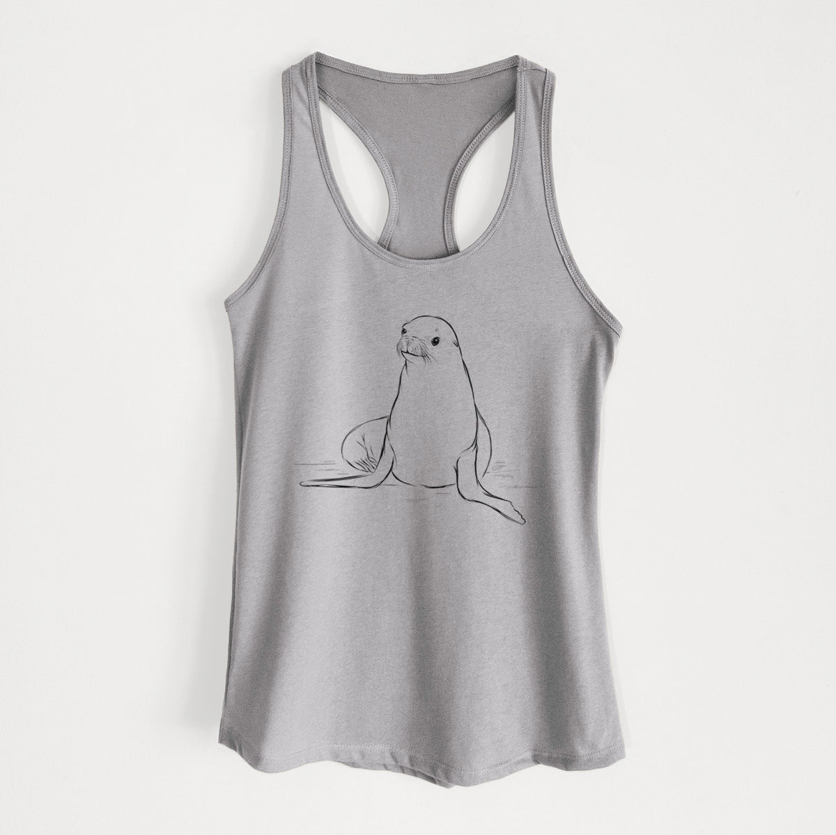 Heather grey women's racerback tank top laid flat, printed with a black ink illustration of a California sea lion sitting upright.