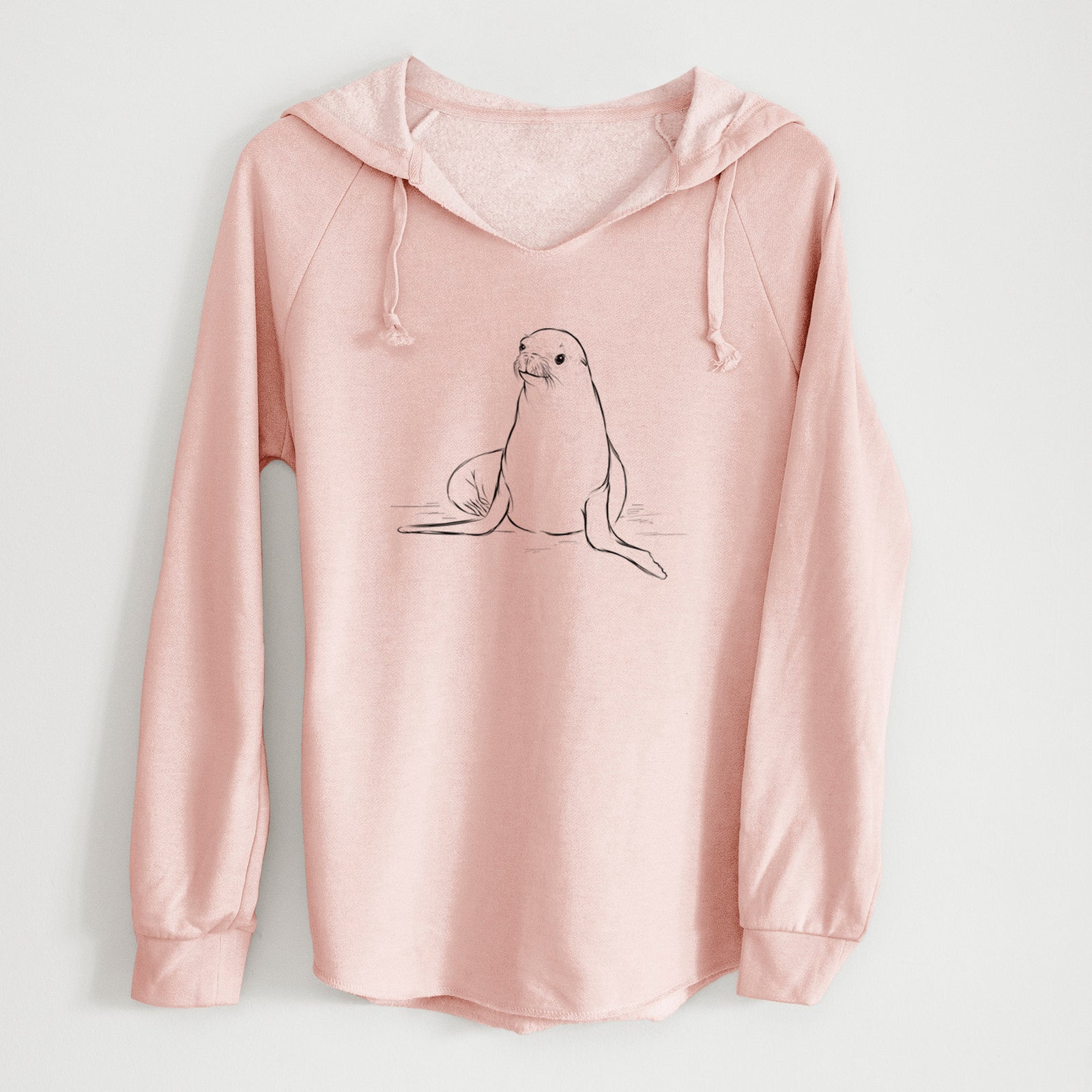 Sage green women's Cali Wave hooded sweatshirt laid flat, printed with a black ink illustration of a California sea lion sitting upright.