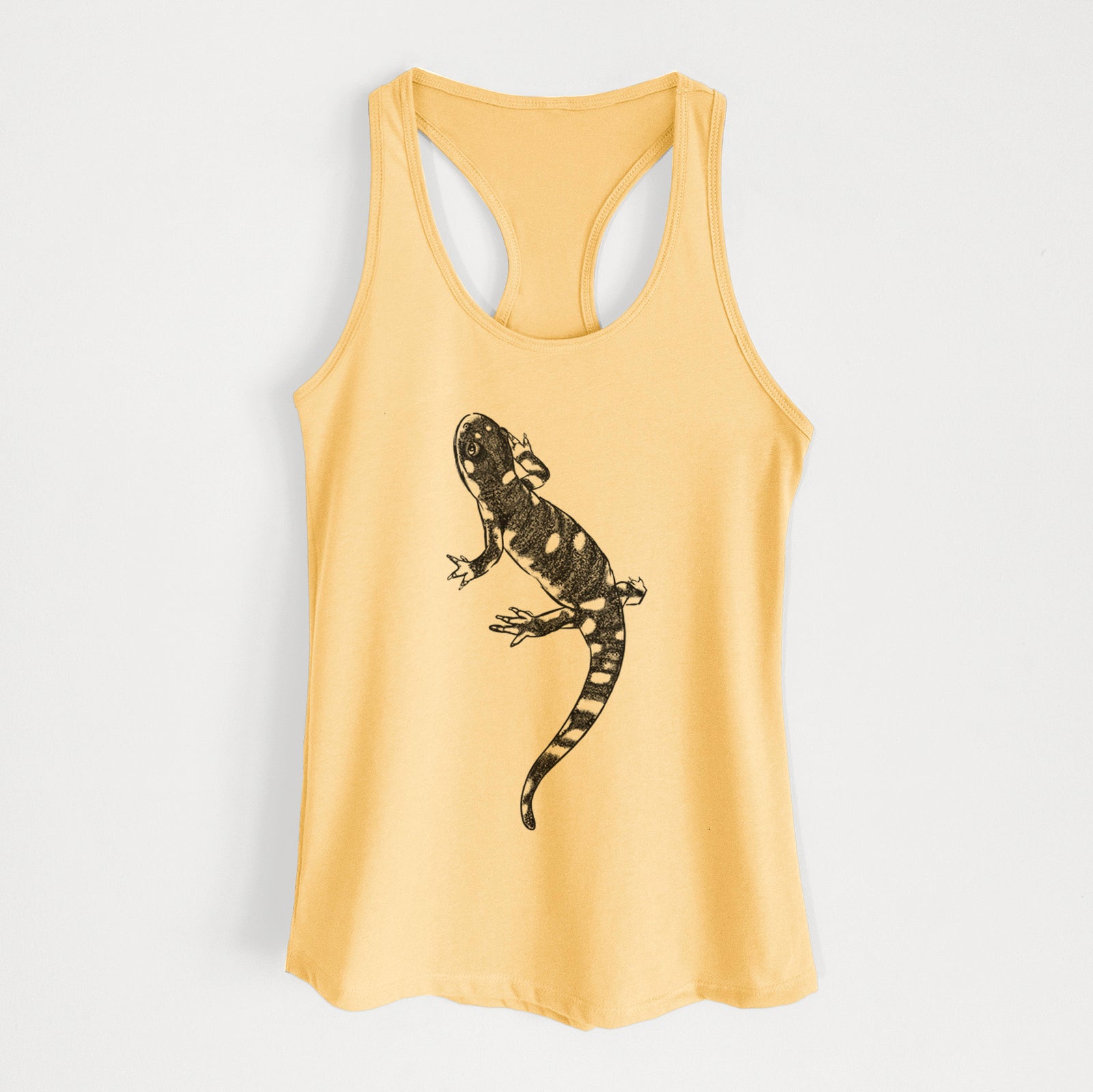 Banana cream women's racerback tank top laid flat, printed with a detailed black ink illustration of a spotted California tiger salamander.