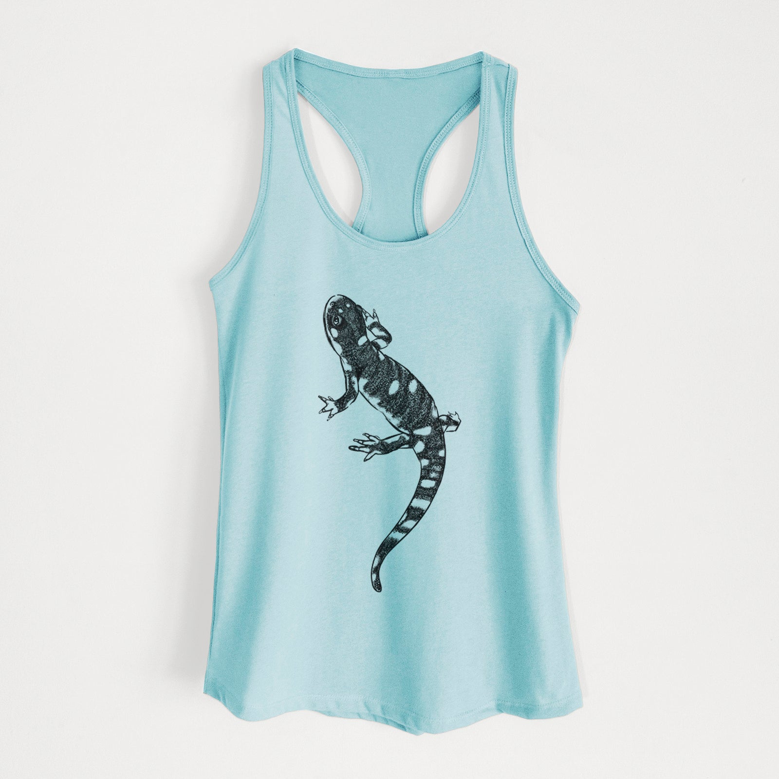 Banana cream women's racerback tank top laid flat, printed with a detailed black ink illustration of a spotted California tiger salamander.