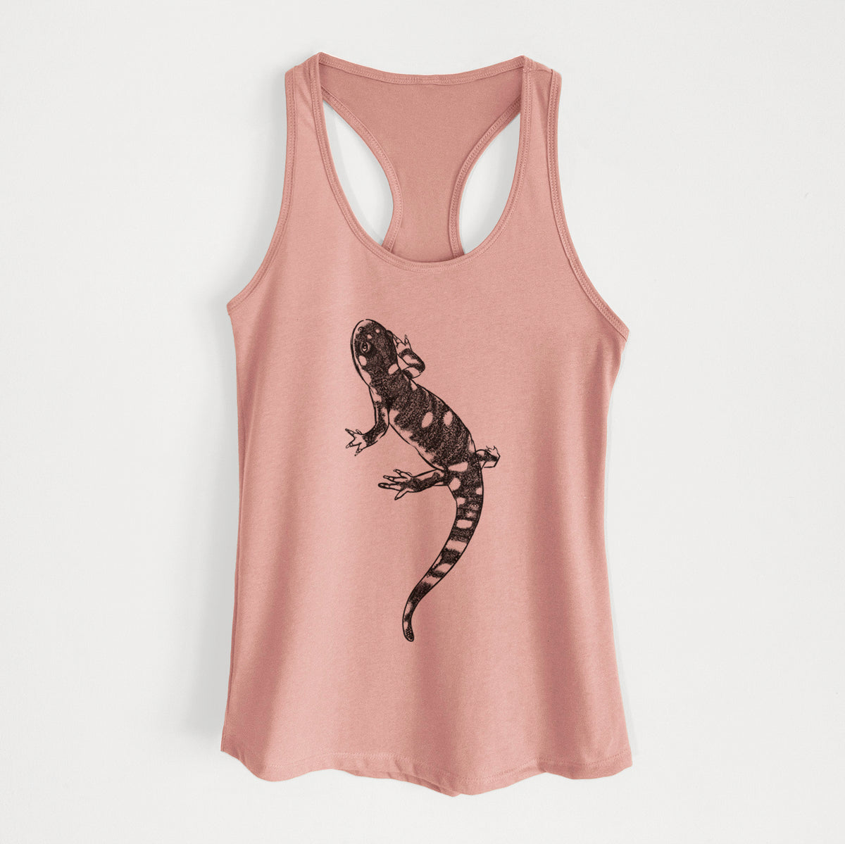 Desert pink women's racerback tank top laid flat, printed with a detailed black ink illustration of a spotted California tiger salamander.