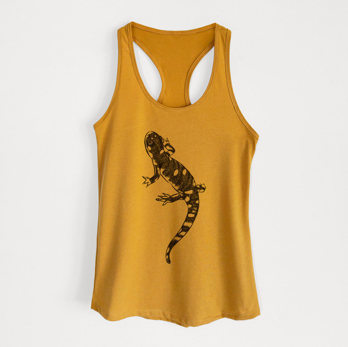 Gold women's racerback tank top laid flat, printed with a detailed black ink illustration of a spotted California tiger salamander.