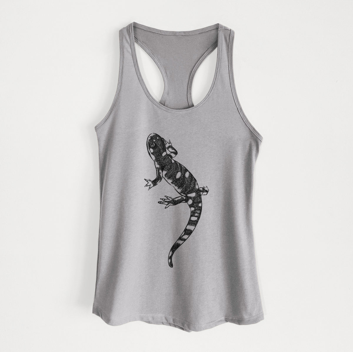 Heather grey women's racerback tank top laid flat, printed with a detailed black ink illustration of a spotted California tiger salamander.