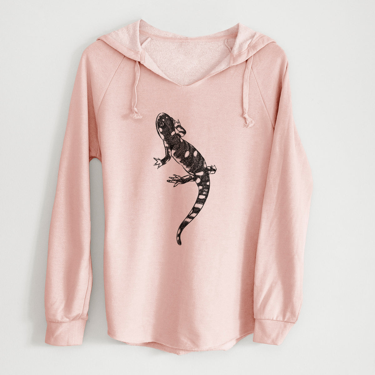 Blush pink women's Cali Wave hooded sweatshirt laid flat, printed with a detailed black ink illustration of a spotted California tiger salamander.