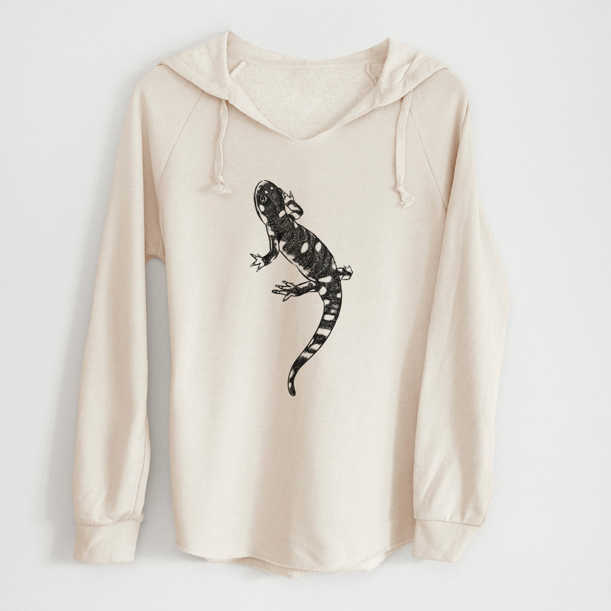 Bone cream women's Cali Wave hooded sweatshirt laid flat, printed with a detailed black ink illustration of a spotted California tiger salamander.
