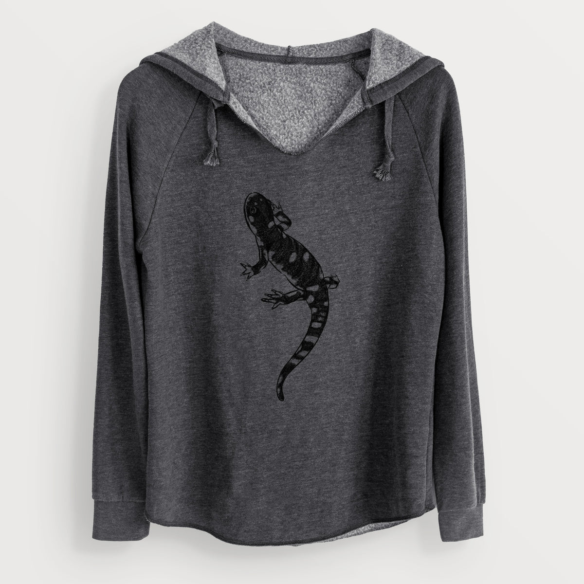 Charcoal grey women's Cali Wave hooded sweatshirt laid flat, printed with a detailed black ink illustration of a spotted California tiger salamander.