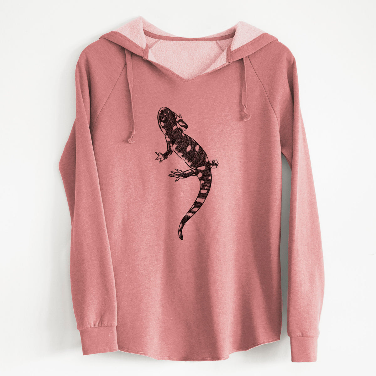 Dusty rose women's Cali Wave hooded sweatshirt laid flat, printed with a detailed black ink illustration of a spotted California tiger salamander.