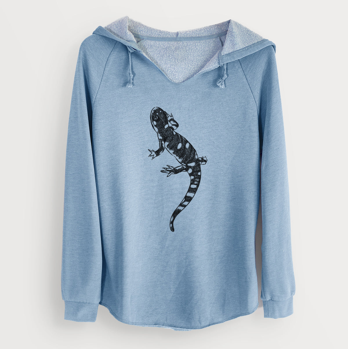 Misty blue women's Cali Wave hooded sweatshirt laid flat, printed with a detailed black ink illustration of a spotted California tiger salamander.