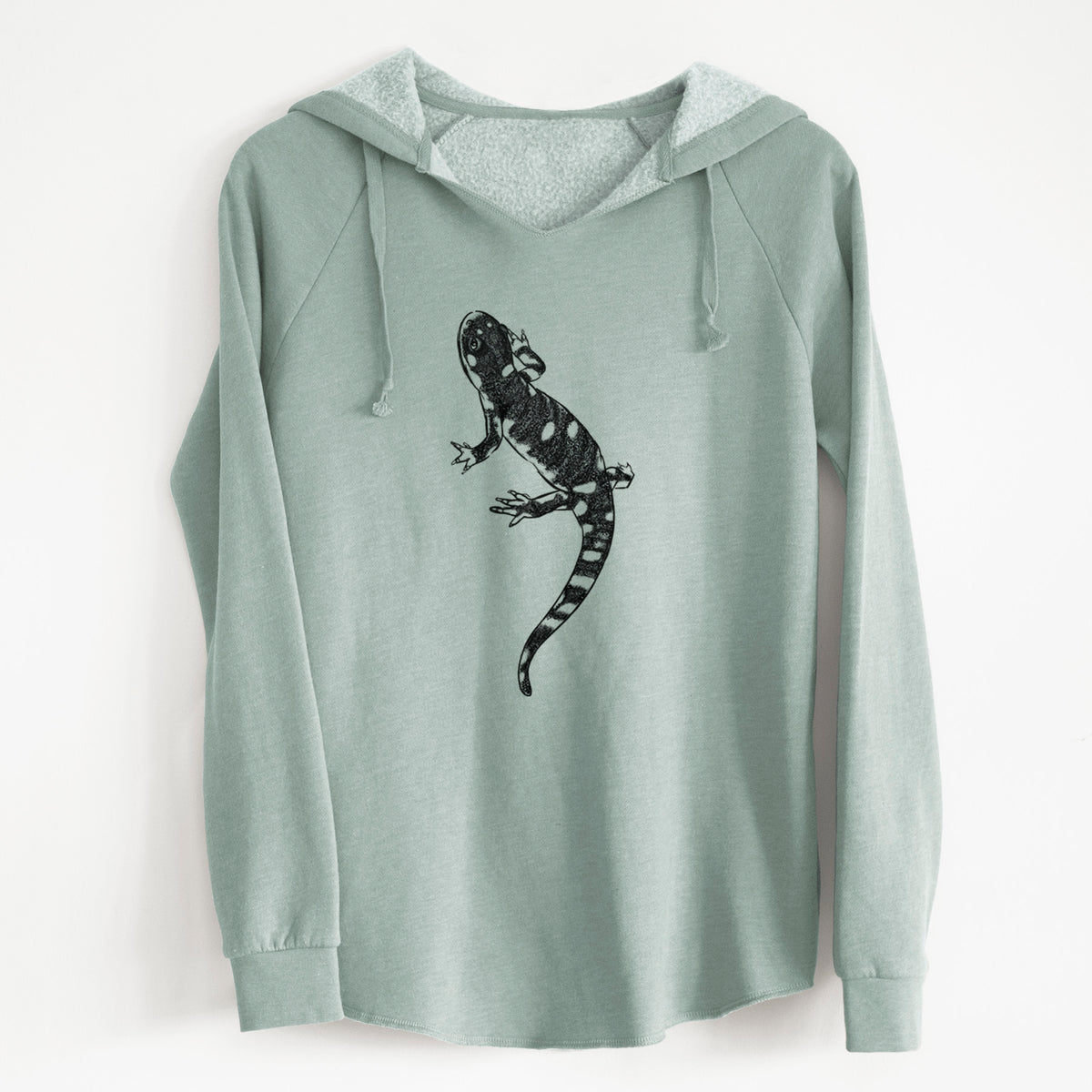 Sage green women's Cali Wave hooded sweatshirt laid flat, printed with a detailed black ink illustration of a spotted California tiger salamander.
