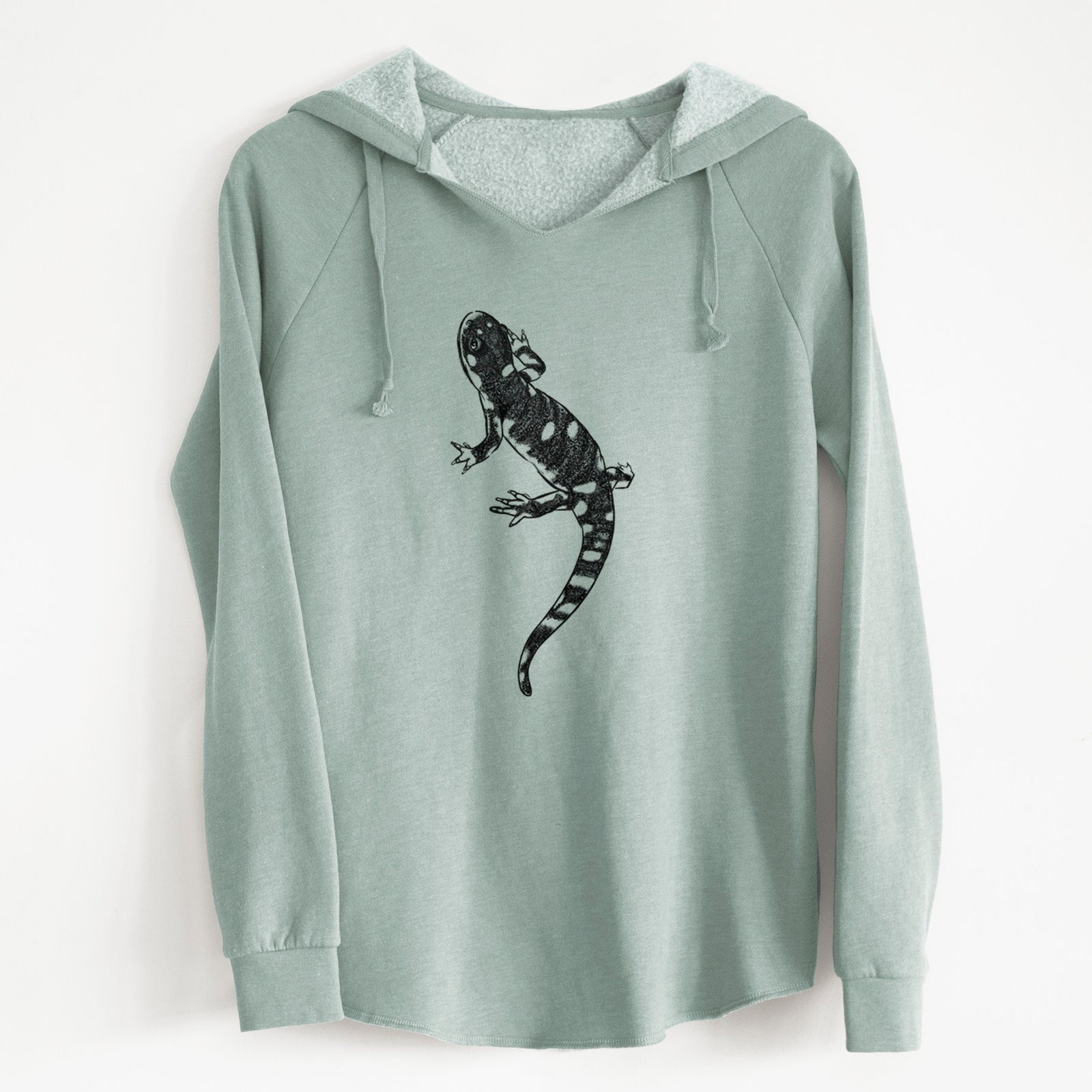 Sage green women's Cali Wave hooded sweatshirt laid flat, printed with a detailed black ink illustration of a spotted California tiger salamander.