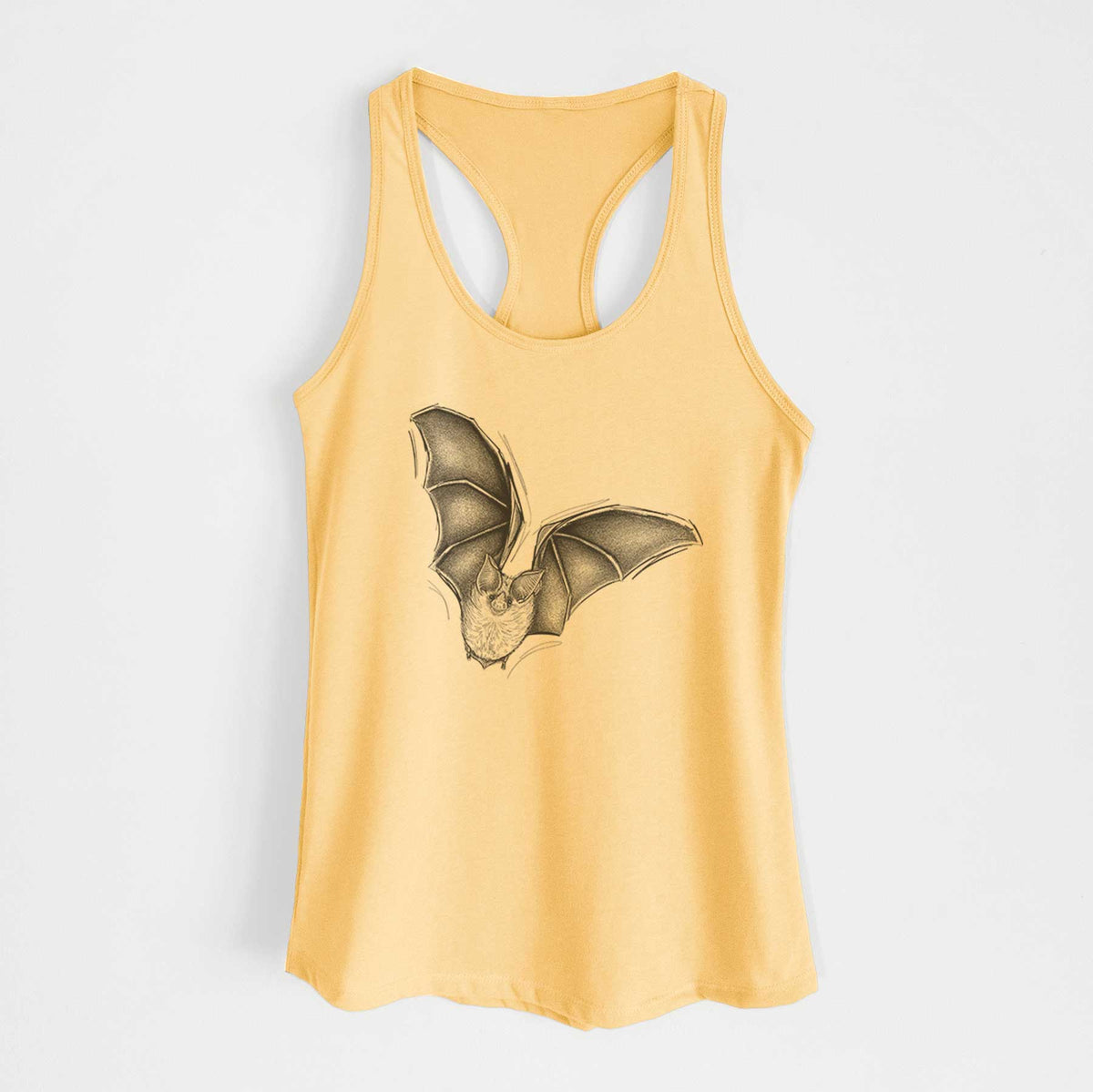 Banana cream women's racerback tank top laid flat, printed with a detailed black ink illustration of a California leaf-nosed bat in flight.