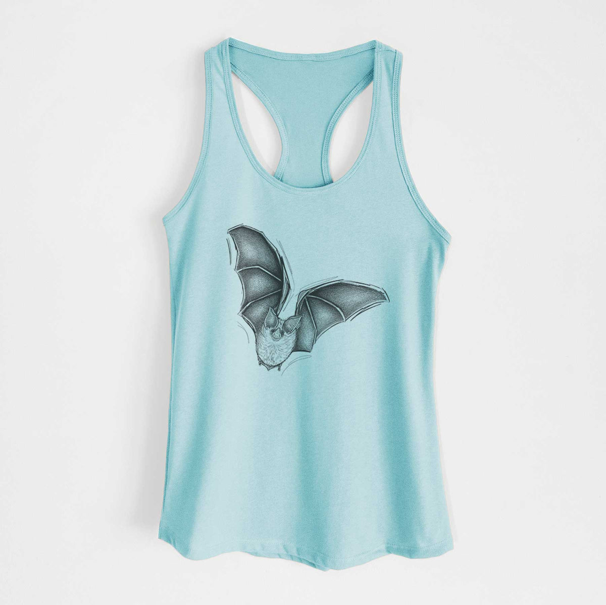 Cancun blue women's racerback tank top laid flat, printed with a detailed black ink illustration of a California leaf-nosed bat in flight.