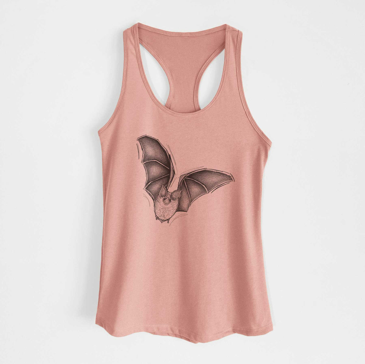 Desert pink women's racerback tank top laid flat, printed with a detailed black ink illustration of a California leaf-nosed bat in flight.
