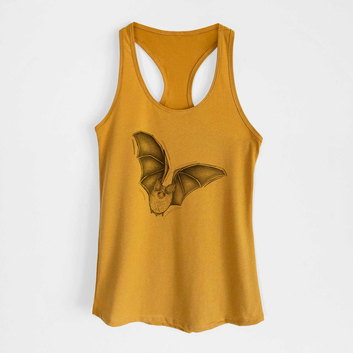 Gold women's racerback tank top laid flat, printed with a detailed black ink illustration of a California leaf-nosed bat in flight.