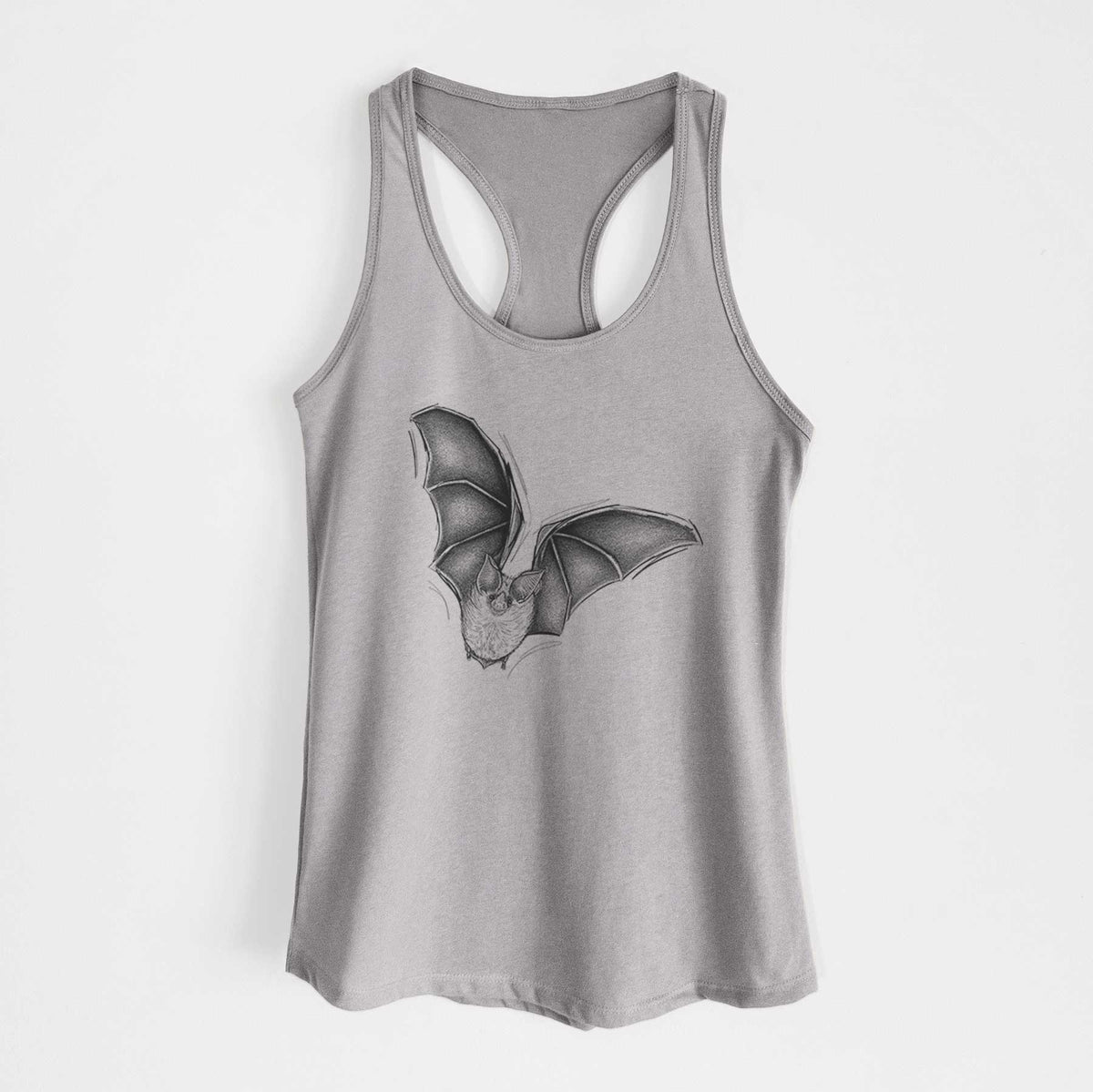 Heather grey women's racerback tank top laid flat, printed with a detailed black ink illustration of a California leaf-nosed bat in flight.