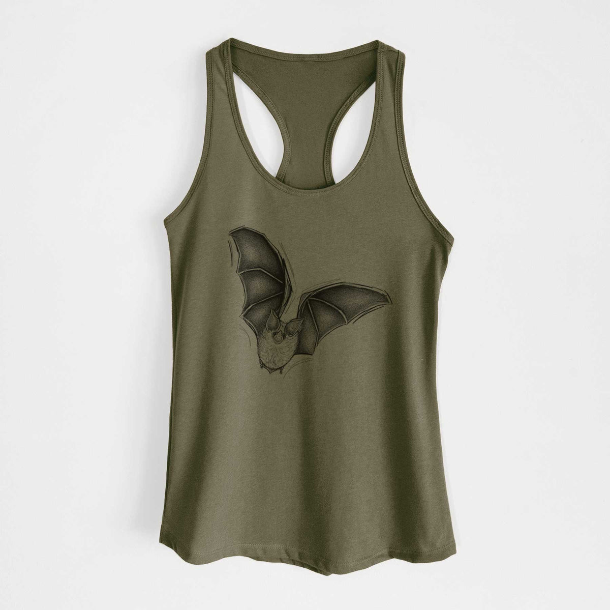 Military green women's racerback tank top laid flat, printed with a detailed black ink illustration of a California leaf-nosed bat in flight.