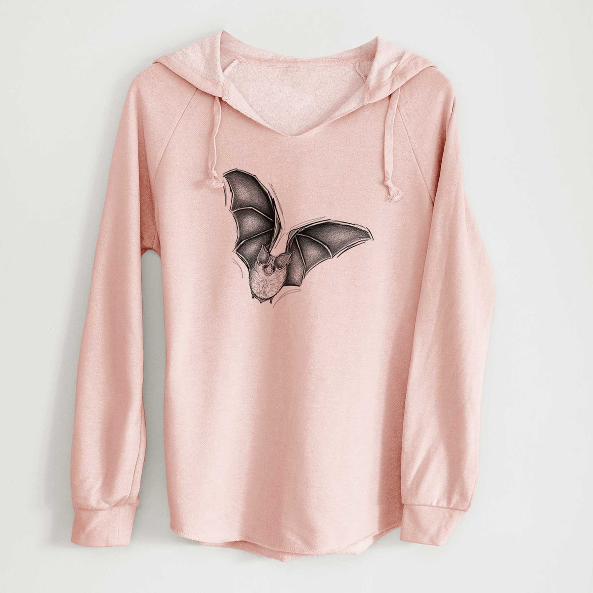 Blush pink women's Cali Wave hooded sweatshirt laid flat, printed with a detailed black ink illustration of a California leaf-nosed bat in flight.