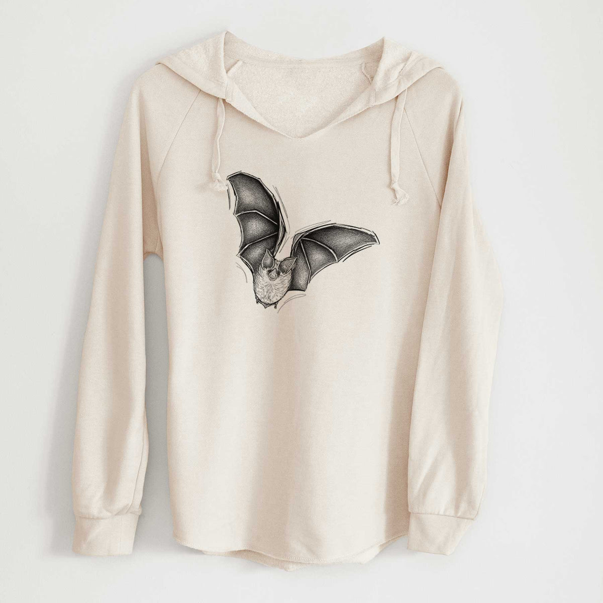 Bone cream women's Cali Wave hooded sweatshirt laid flat, printed with a detailed black ink illustration of a California leaf-nosed bat in flight.