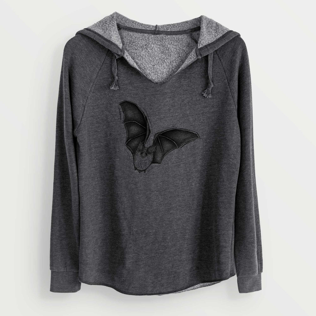 Charcoal grey women's Cali Wave hooded sweatshirt laid flat, printed with a detailed black ink illustration of a California leaf-nosed bat in flight.