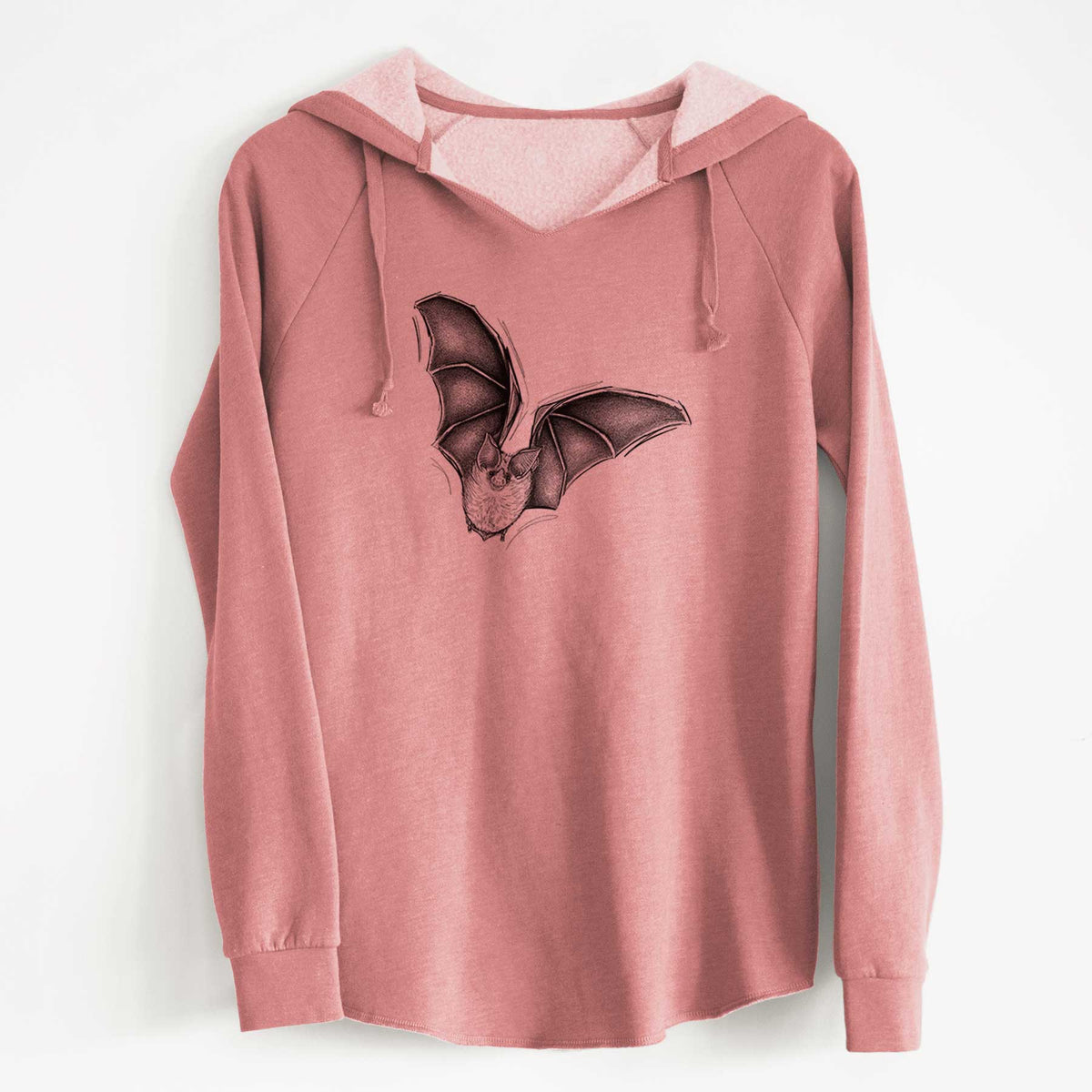 Dusty rose women's Cali Wave hooded sweatshirt laid flat, printed with a detailed black ink illustration of a California leaf-nosed bat in flight.