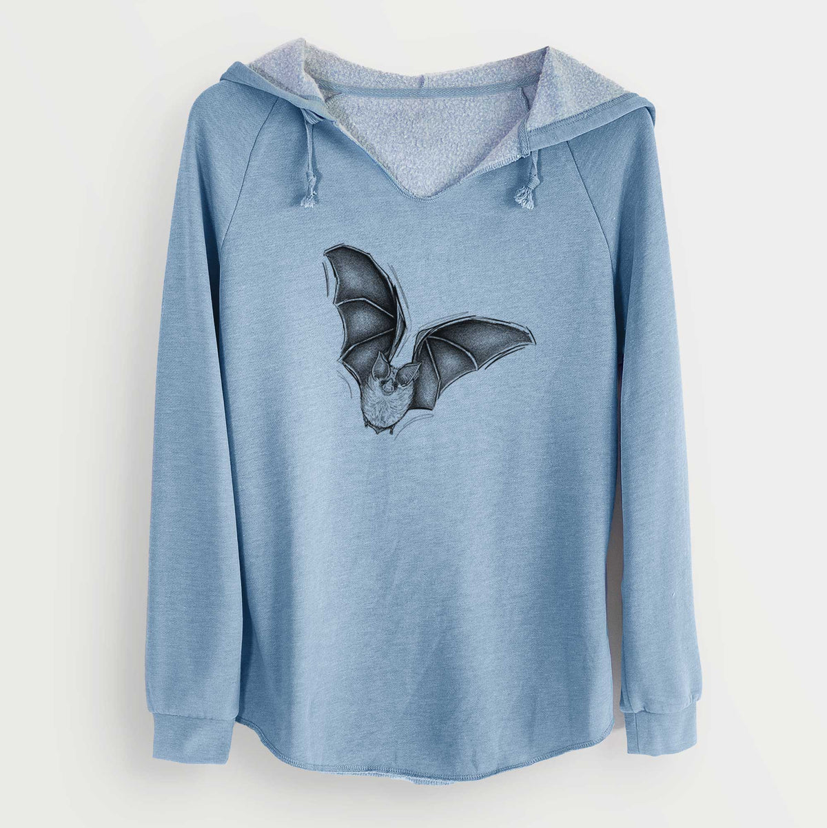 Misty blue women's Cali Wave hooded sweatshirt laid flat, printed with a detailed black ink illustration of a California leaf-nosed bat in flight.