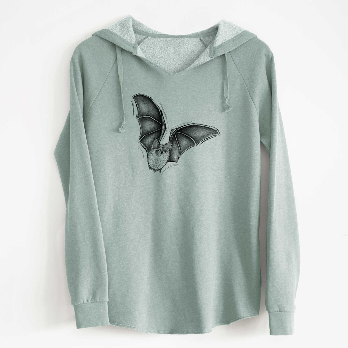 Sage green women's Cali Wave hooded sweatshirt laid flat, printed with a detailed black ink illustration of a California leaf-nosed bat in flight.