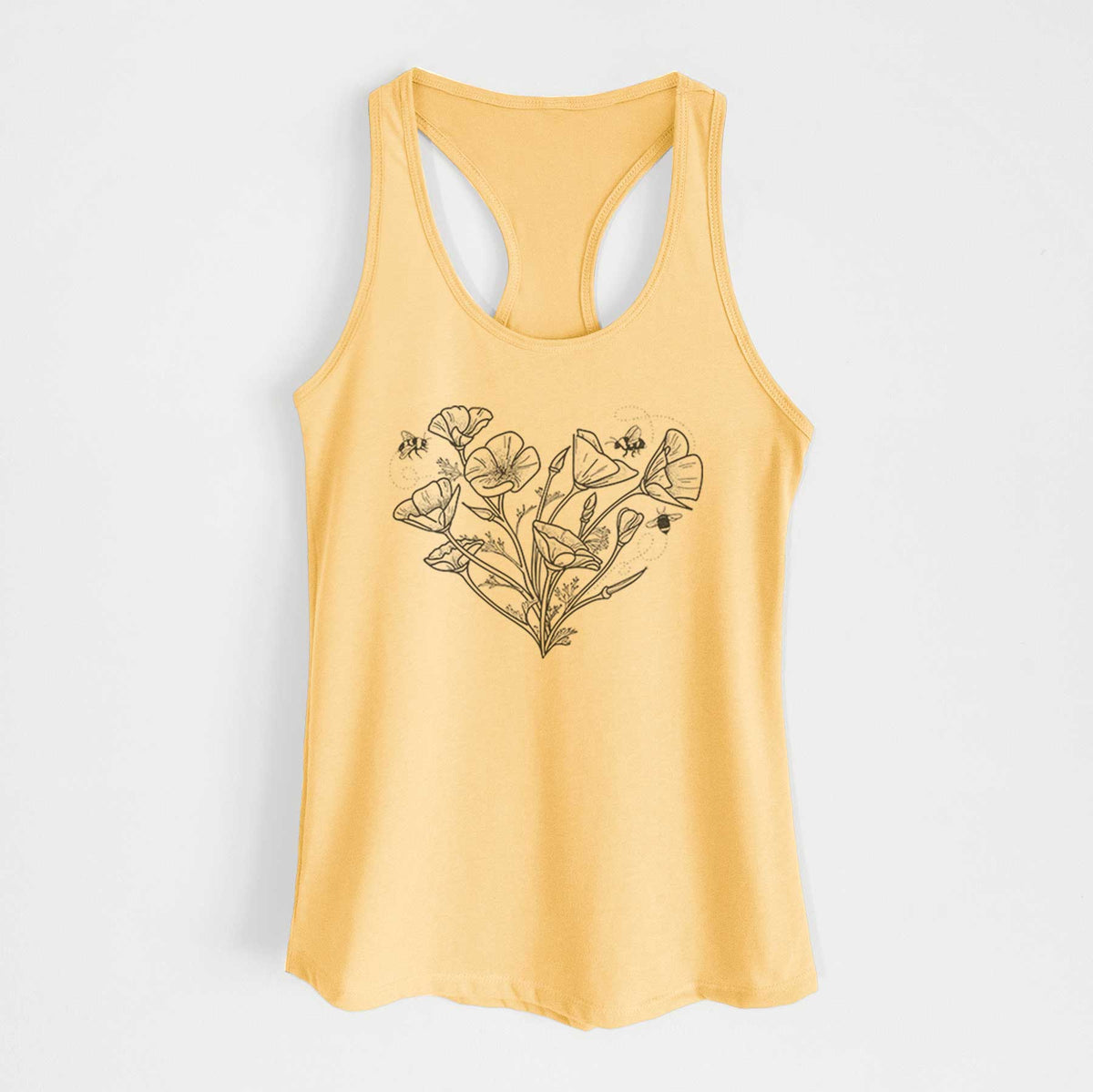 Banana cream women's racerback tank top laid flat, printed with a black ink line drawing of California poppies arranged in a heart shape, with small bees.