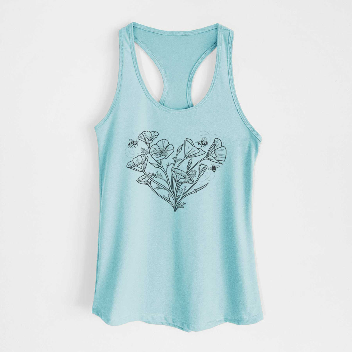 Cancun blue women's racerback tank top laid flat, printed with a black ink line drawing of California poppies arranged in a heart shape, with small bees.