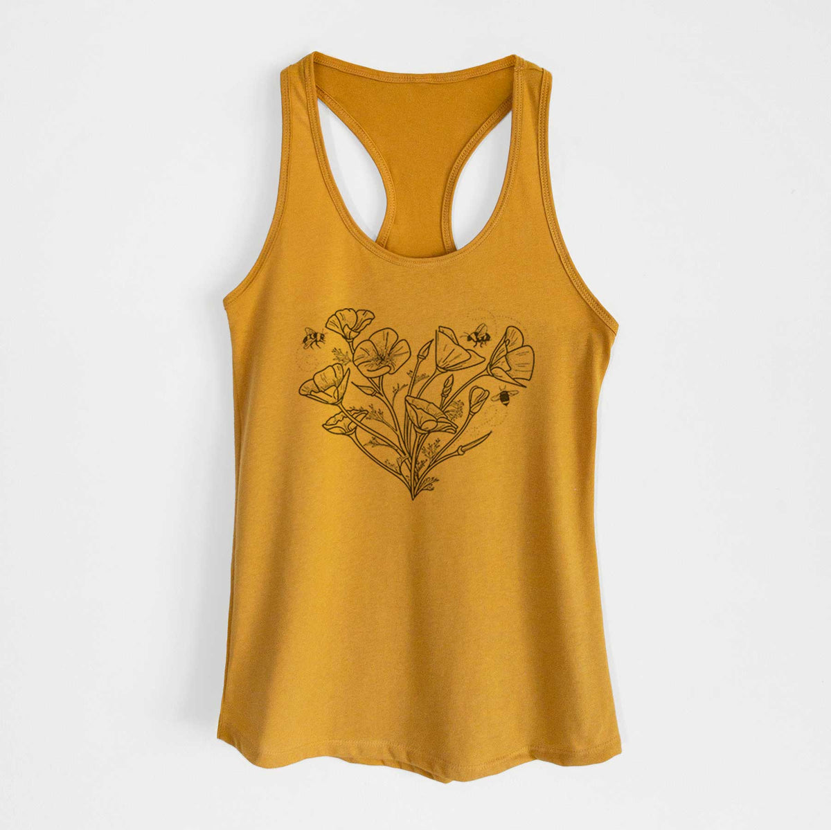 Gold women's racerback tank top laid flat, printed with a black ink line drawing of California poppies arranged in a heart shape, with small bees.