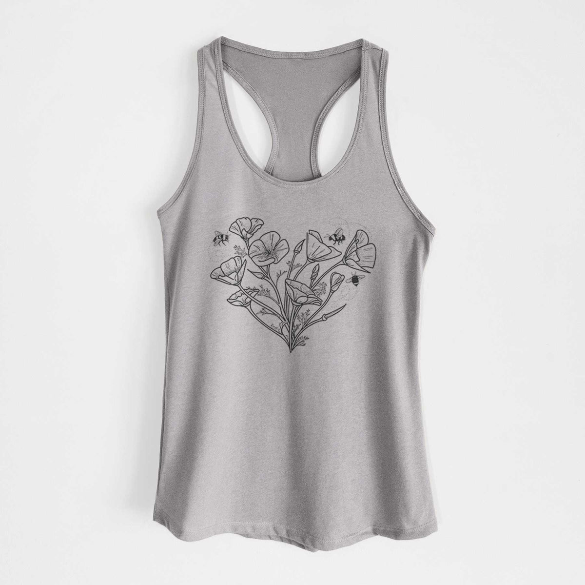 Heather grey women's racerback tank top laid flat, printed with a black ink line drawing of California poppies arranged in a heart shape, with small bees.