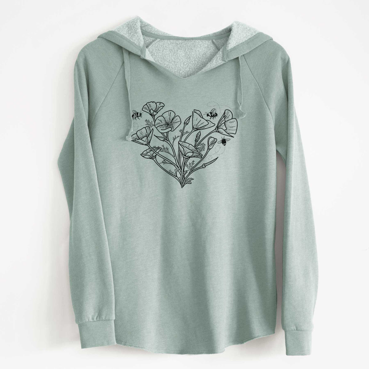 Sage green women's Cali Wave hooded sweatshirt laid flat, printed with a black ink line drawing of California poppies arranged in a heart shape, with small bees.