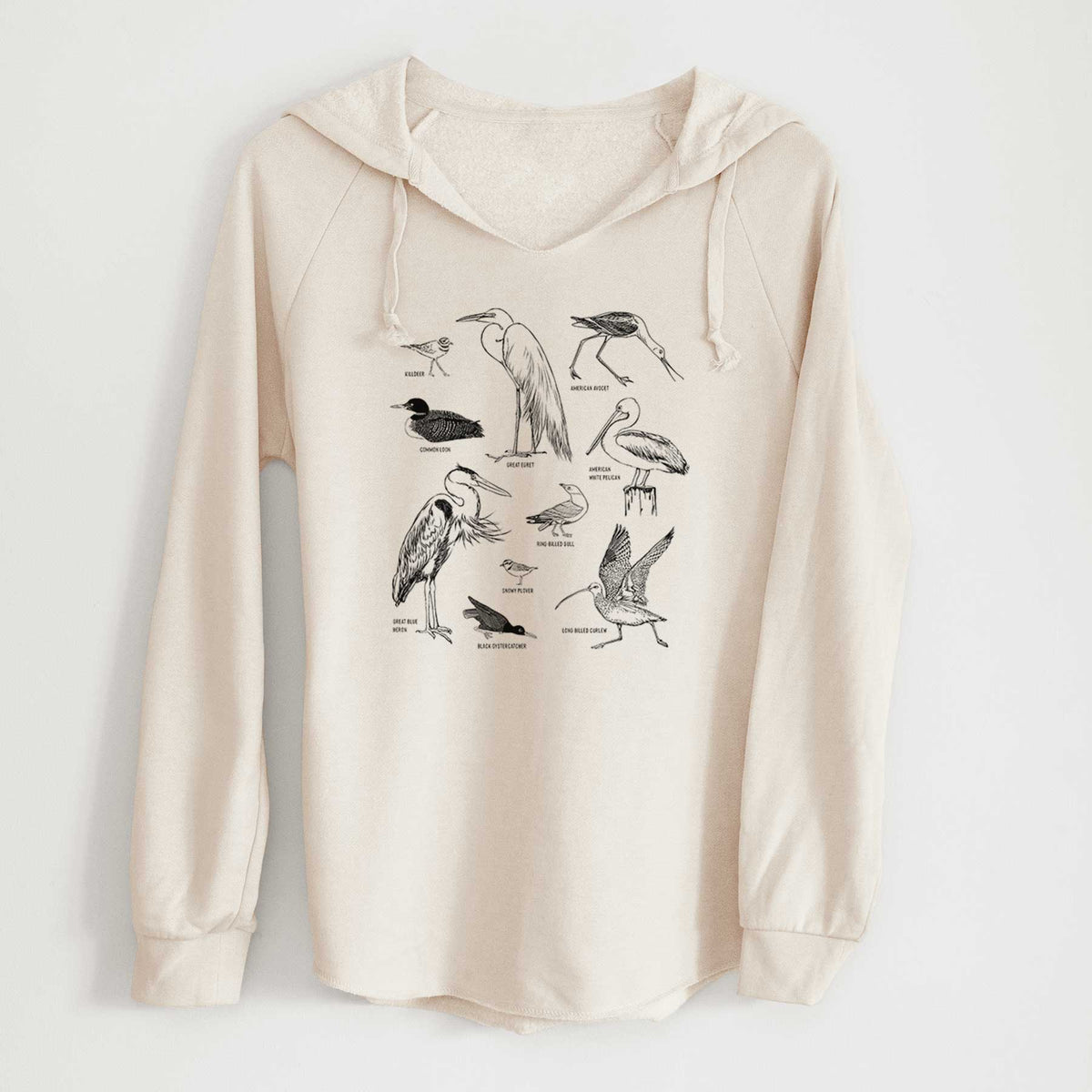 Bone cream women's Cali Wave hooded sweatshirt laid flat, printed with a chart of black ink California shorebirds, including herons, egrets, avocets and sandpipers.