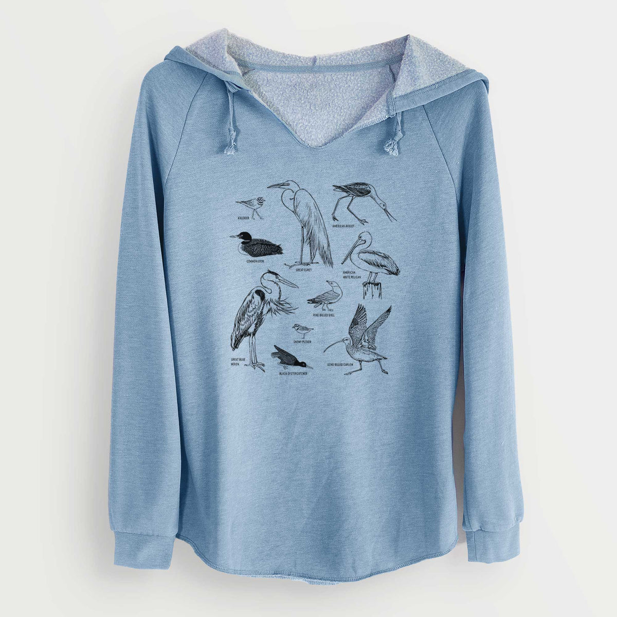 Misty blue women's Cali Wave hooded sweatshirt laid flat, printed with a chart of black ink California shorebirds, including herons, egrets, avocets and sandpipers.