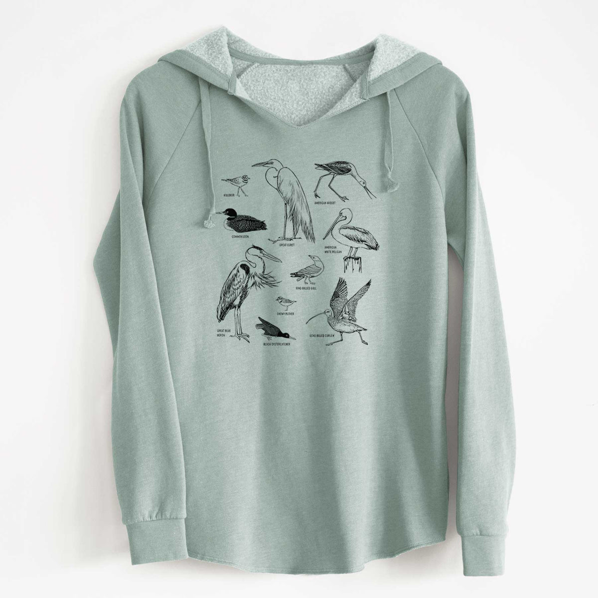 Sage green women's Cali Wave hooded sweatshirt laid flat, printed with a chart of black ink California shorebirds, including herons, egrets, avocets and sandpipers.