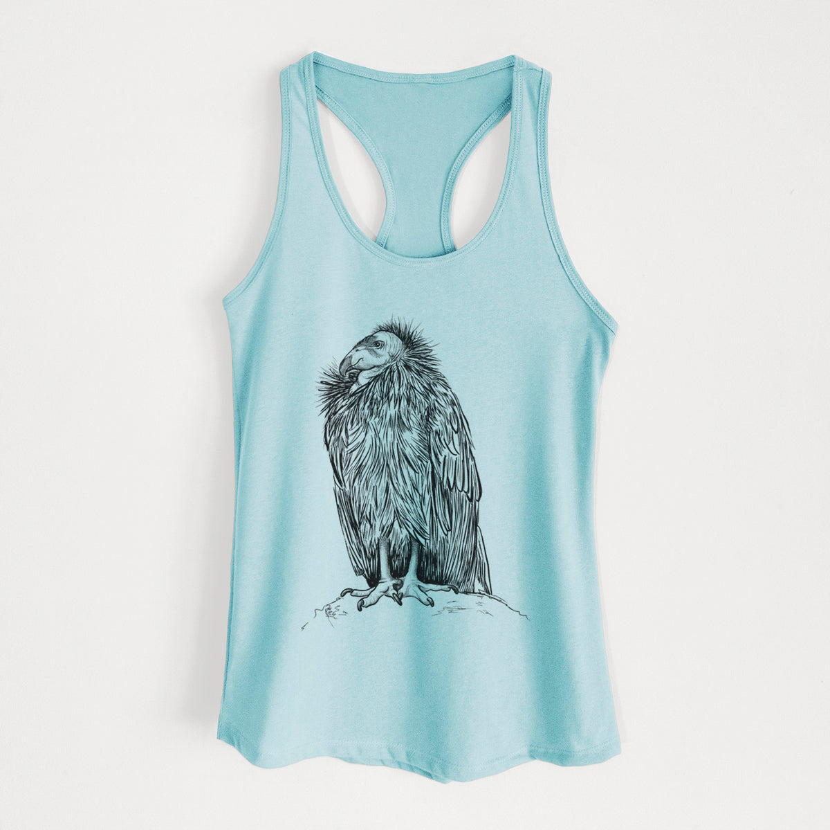 Cancun blue women's racerback tank top laid flat, printed with a detailed black ink illustration of a California condor perched with folded wings.