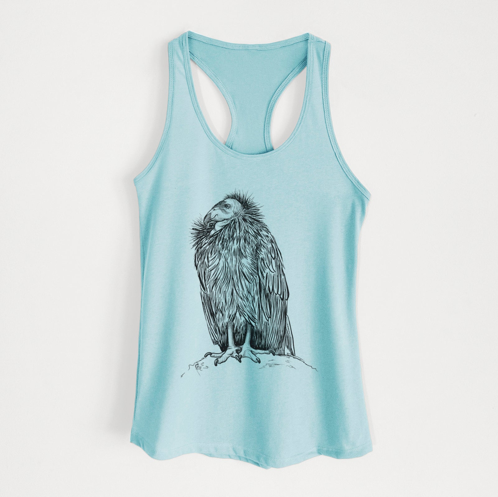 Banana cream women's racerback tank top laid flat, printed with a detailed black ink illustration of a California condor perched with folded wings.