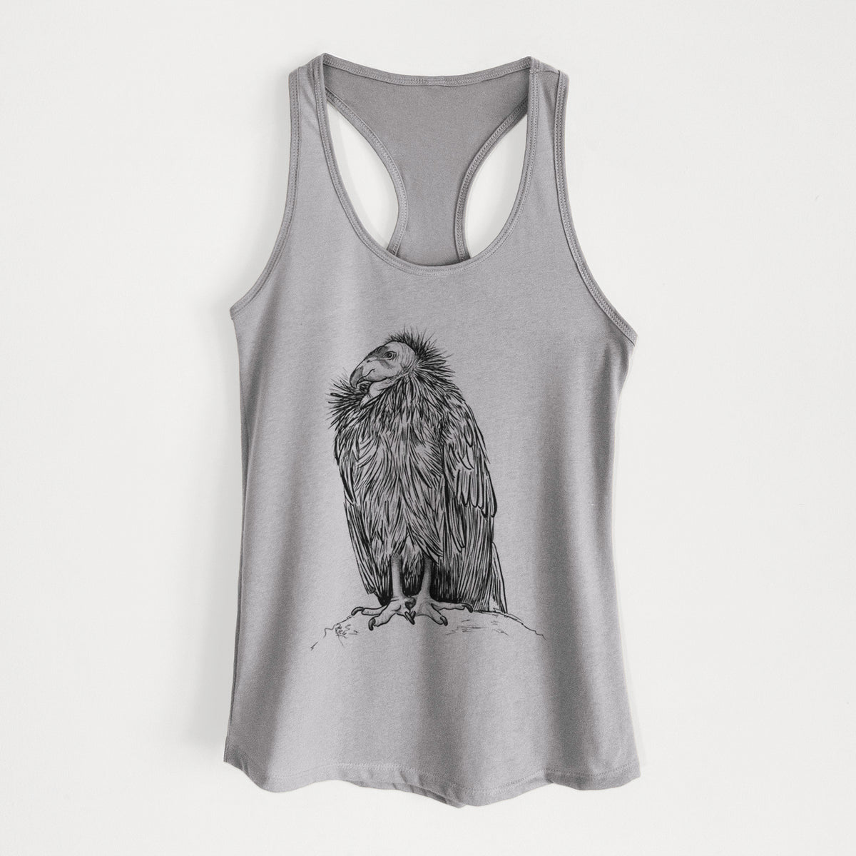 Heather grey women's racerback tank top laid flat, printed with a detailed black ink illustration of a California condor perched with folded wings.
