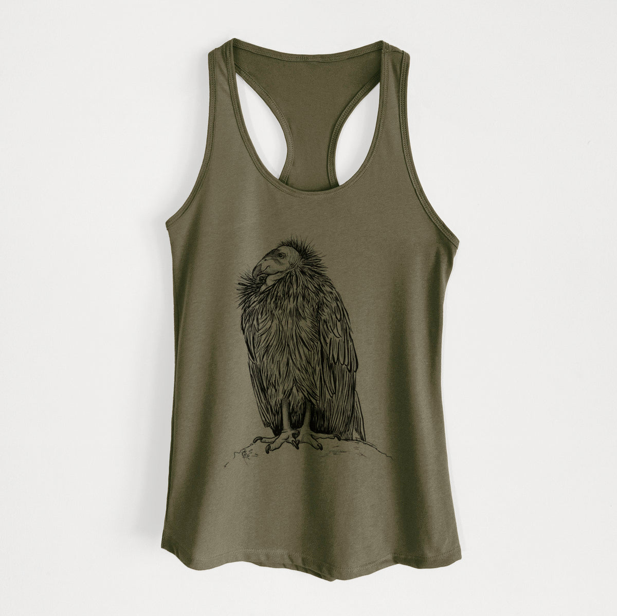 Military green women's racerback tank top laid flat, printed with a detailed black ink illustration of a California condor perched with folded wings.