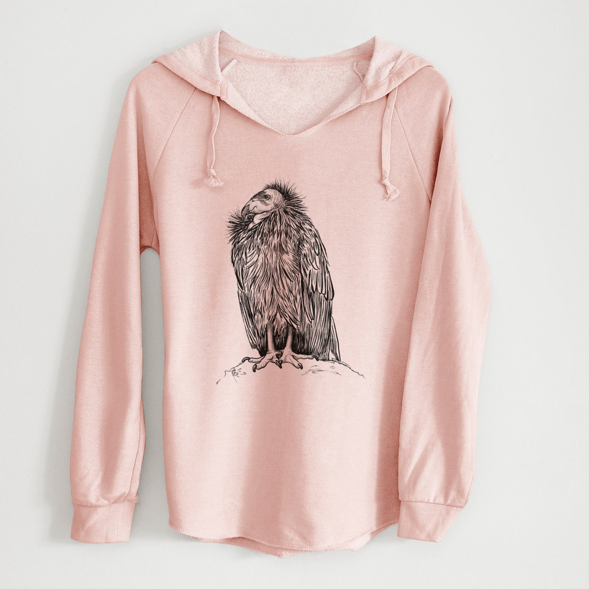 Blush pink women's Cali Wave hooded sweatshirt laid flat, printed with a detailed black ink illustration of a California condor perched with folded wings.