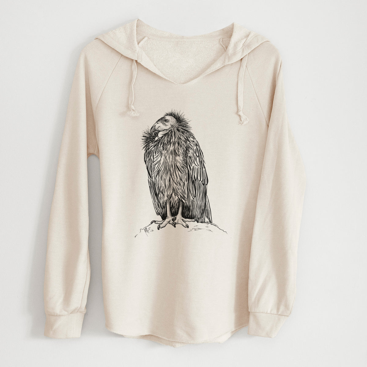 Bone cream women's Cali Wave hooded sweatshirt laid flat, printed with a detailed black ink illustration of a California condor perched with folded wings.