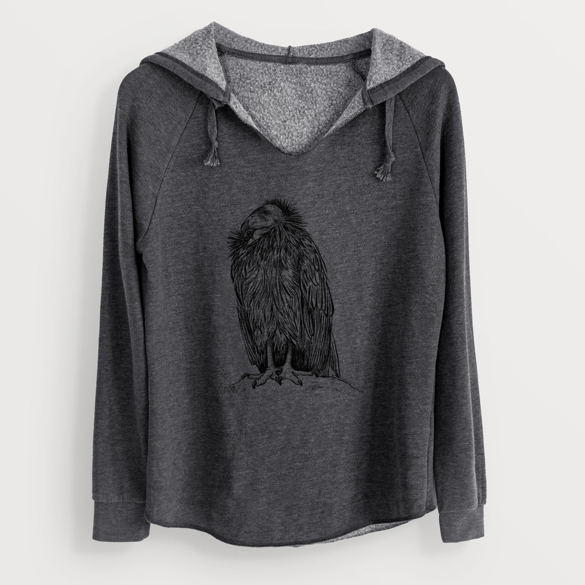 Charcoal grey women's Cali Wave hooded sweatshirt laid flat, printed with a detailed black ink illustration of a California condor perched with folded wings.