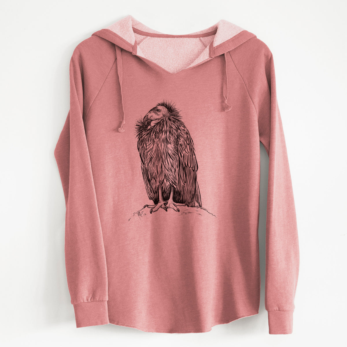 Dusty rose women's Cali Wave hooded sweatshirt laid flat, printed with a detailed black ink illustration of a California condor perched with folded wings.