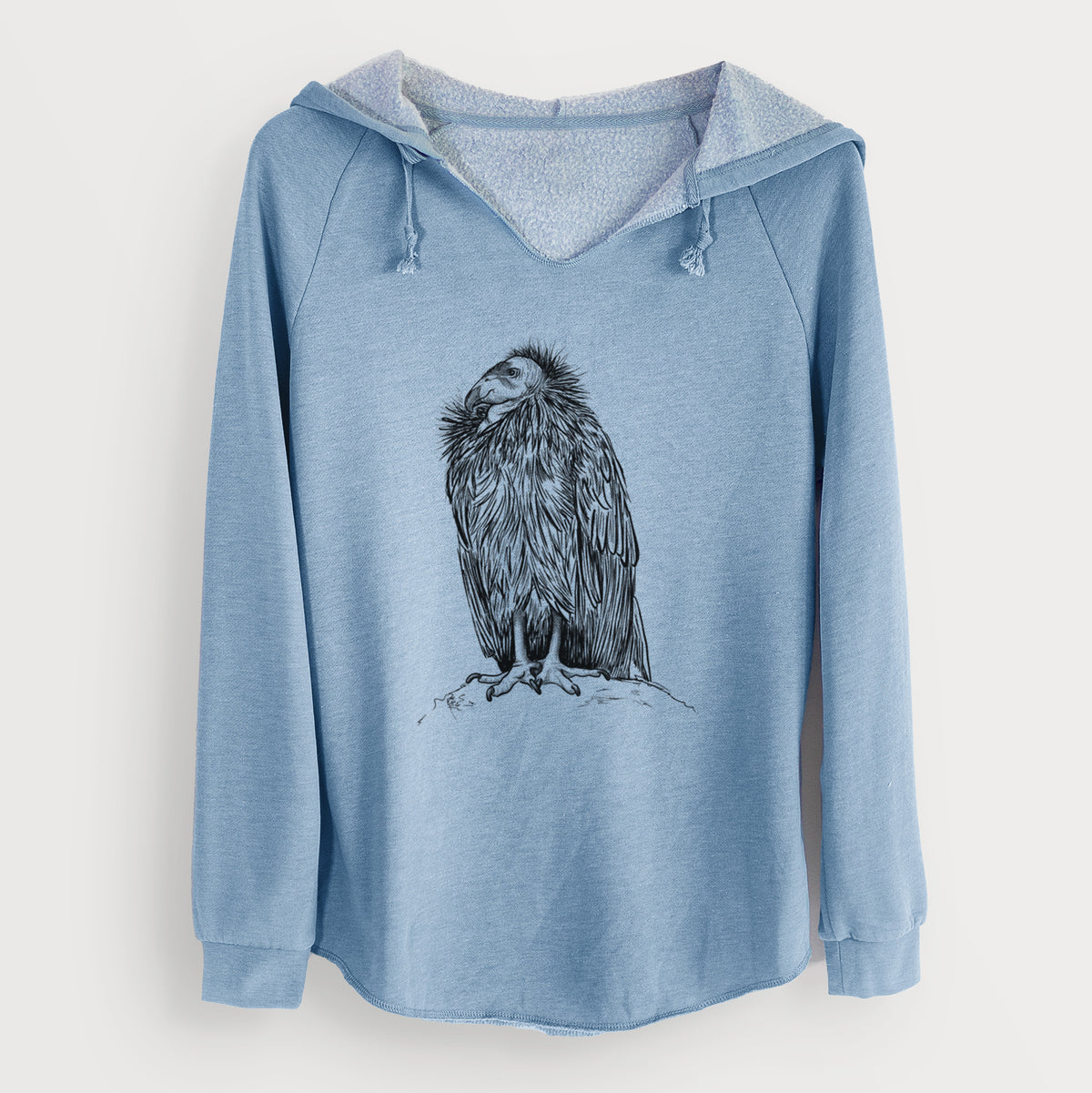 Misty blue women's Cali Wave hooded sweatshirt laid flat, printed with a detailed black ink illustration of a California condor perched with folded wings.