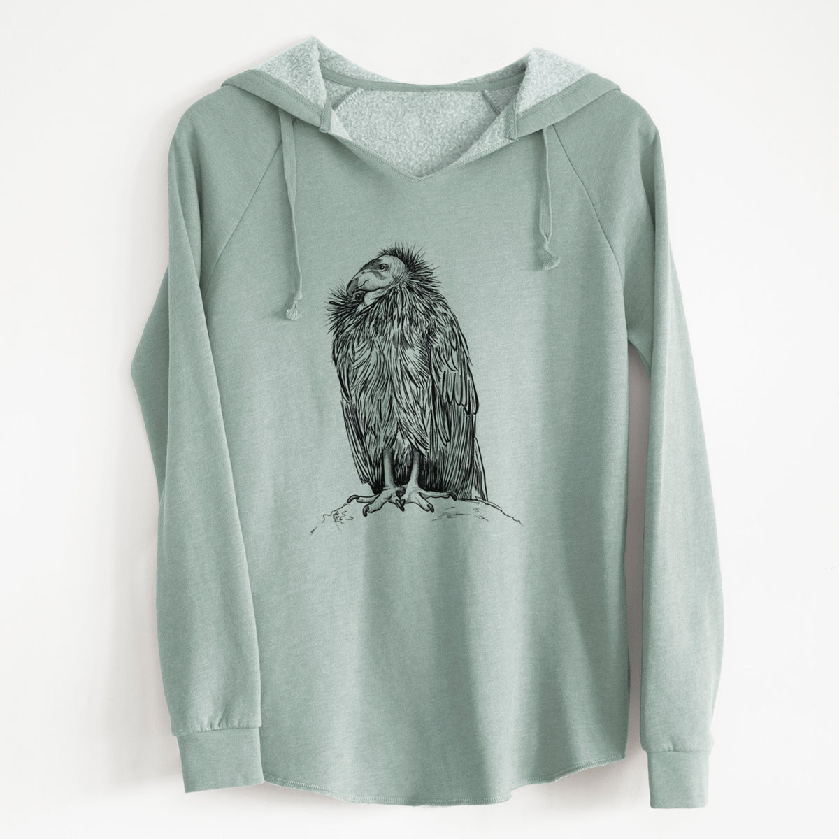 Sage green women's Cali Wave hooded sweatshirt laid flat, printed with a detailed black ink illustration of a California condor perched with folded wings.