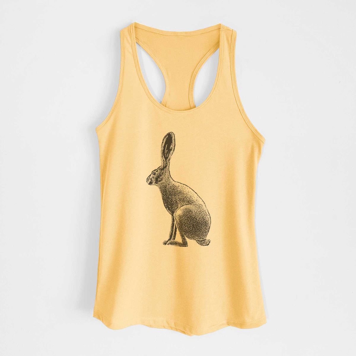 Banana cream women's racerback tank top laid flat, printed with a detailed black ink illustration of a black-tailed jackrabbit sitting in profile with tall ears.