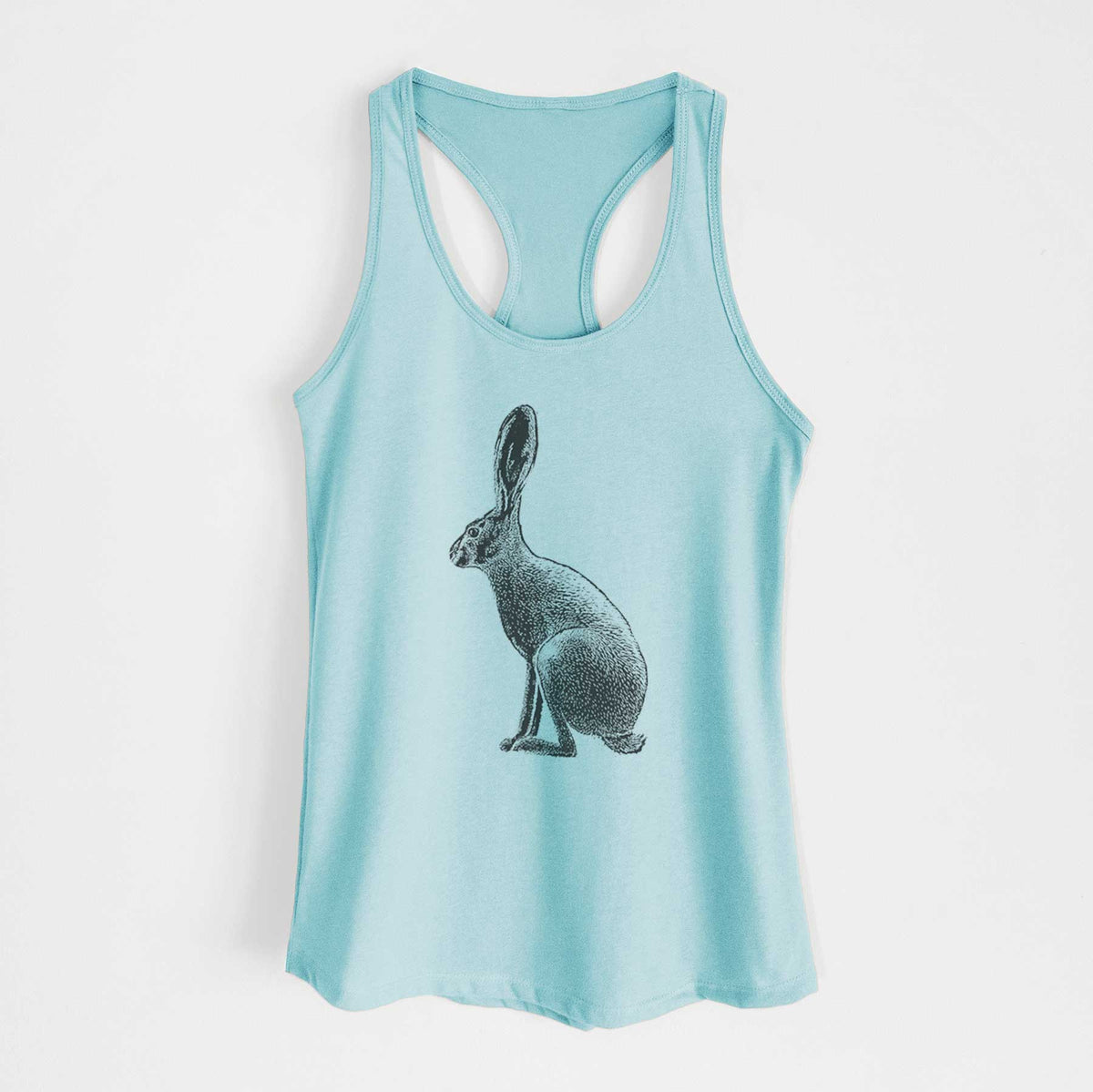 Cancun blue women's racerback tank top laid flat, printed with a detailed black ink illustration of a black-tailed jackrabbit sitting in profile with tall ears.